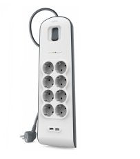 Regleta Belkin Bsv804vf2m  De Protección Contra Sobretensiones 8 Tomas + 2 Puertos Usb (2,4 A) Boton De Apagado Y Encendido Color Blanco/Gris
