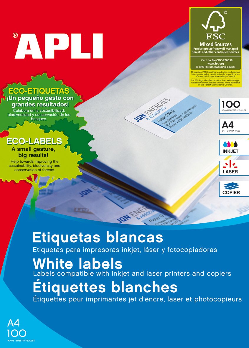 Apli Etiquetas Adhesivas 105x37mm Inkjet/Láser C/Rectos 16 X 100h Azul