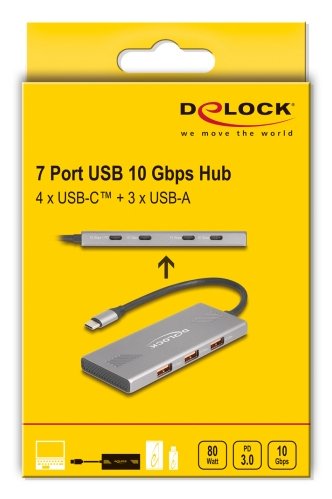 Hub Delock 7 Port Usb 10 Gbps Mit 4 X Usb Type-C Buchse Und 3 X Usb Typ-A Buchse Mit Pd 80 W