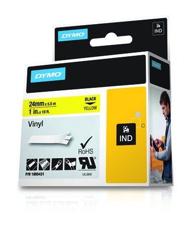 Dymo Rhino Cinta De Etiquetas Industrial Adhesiva Id1-24, Negro Sobre Amarillo De 24mmx5´5m, Vinilo