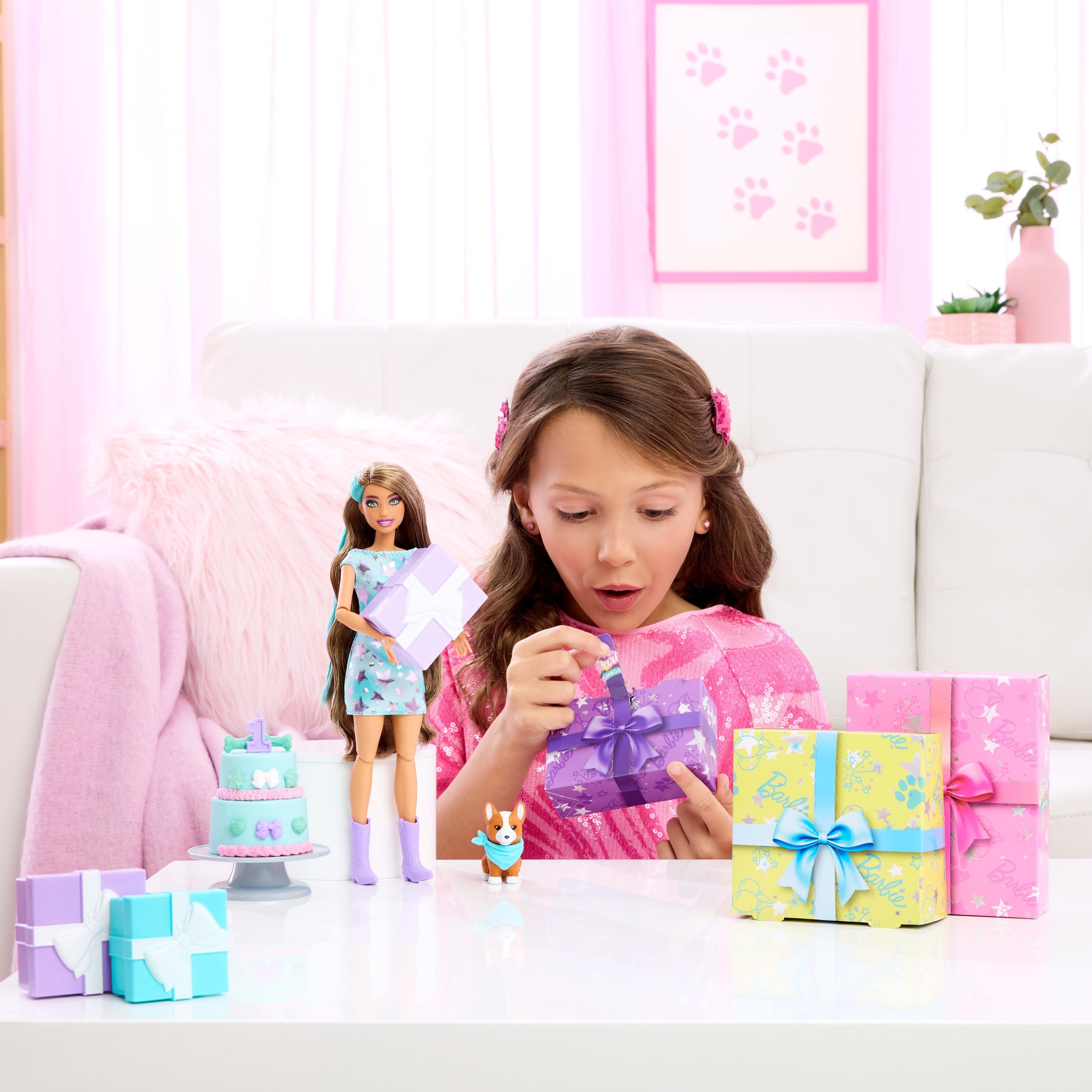 Mattel Barbie Party Unboxed Haustier Geburtstag Serie - Azules Kleid Jfg72