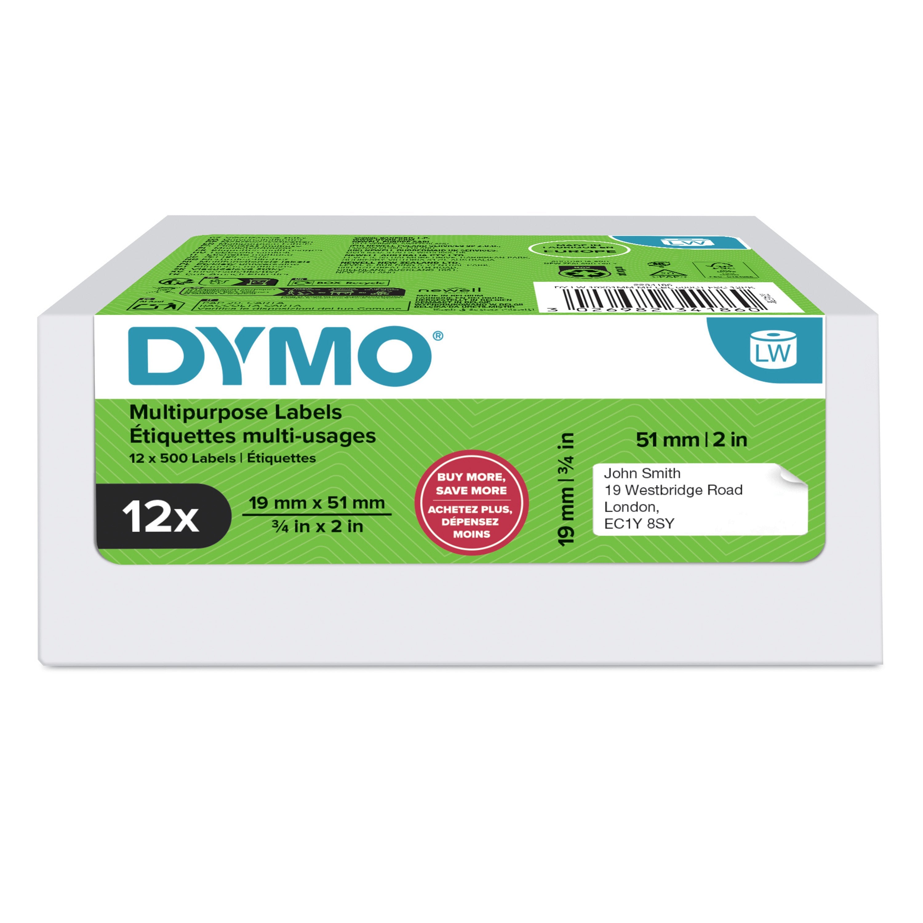 Etiquetas Multiusos Dymo Labelwriter Original, 19 X 51 Mm 12 Rollos De 500 Etiquetas Cada Uno 2234186