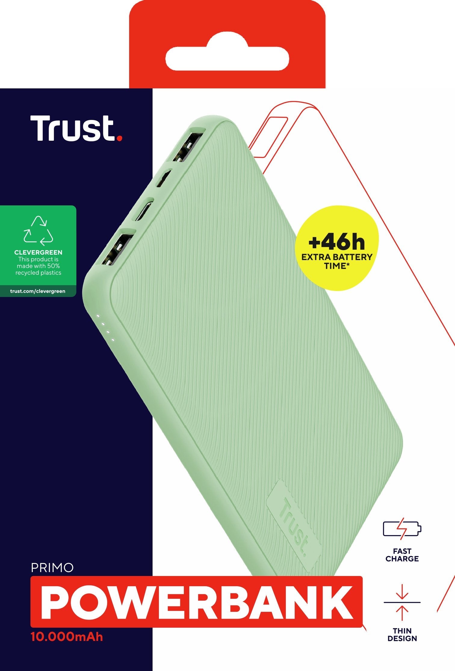 Powerbank Universal Trust Urban Primo Eco 10000 Ultrafina 25028 Verde 10000mah - 2 X Usb-A - 1 Usb-C