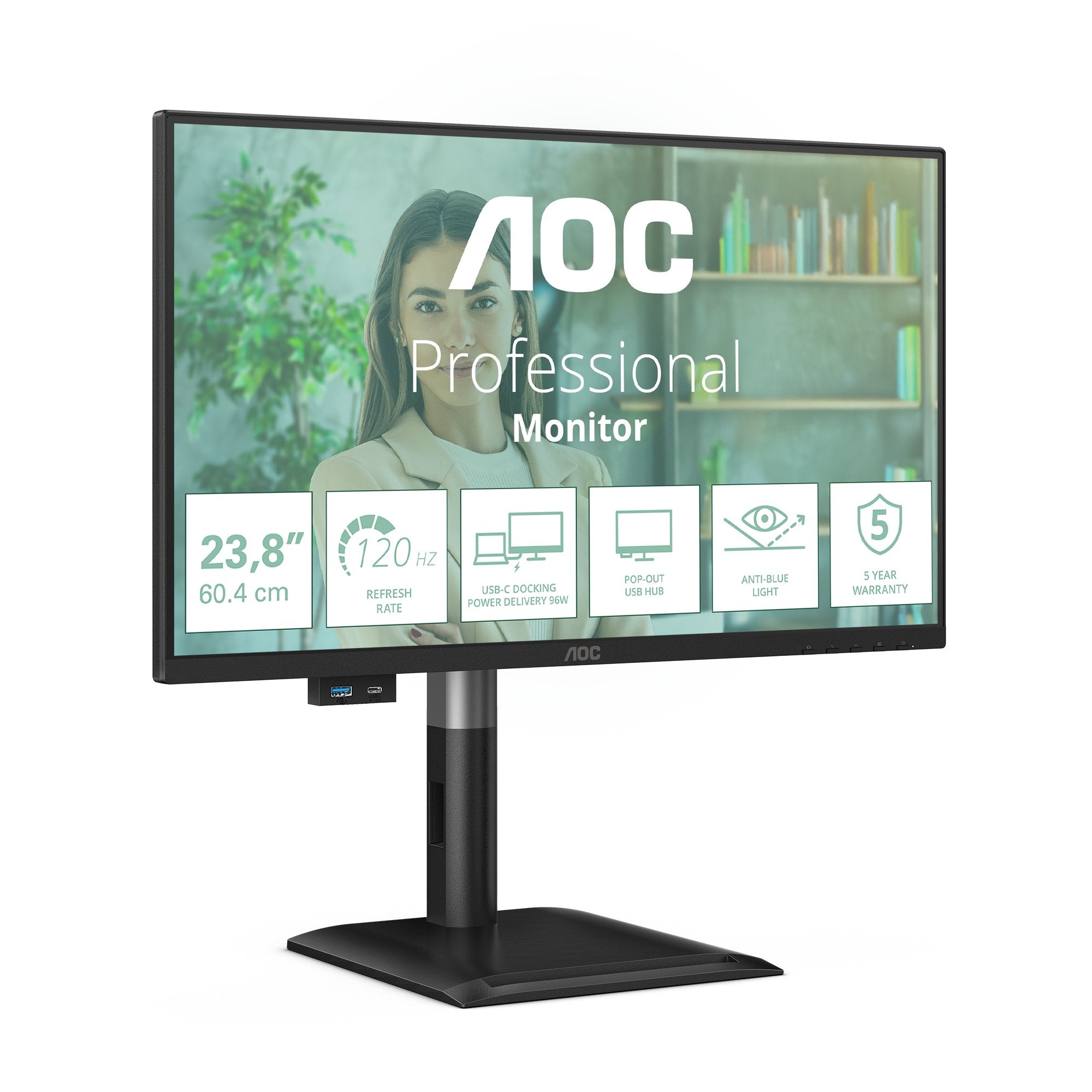Aoc 24p4cv 23.8" Ips Fhd 120hz 4ms Hdmi Dp Usb C Pd96w Hub Usb Speakers Has 150mm