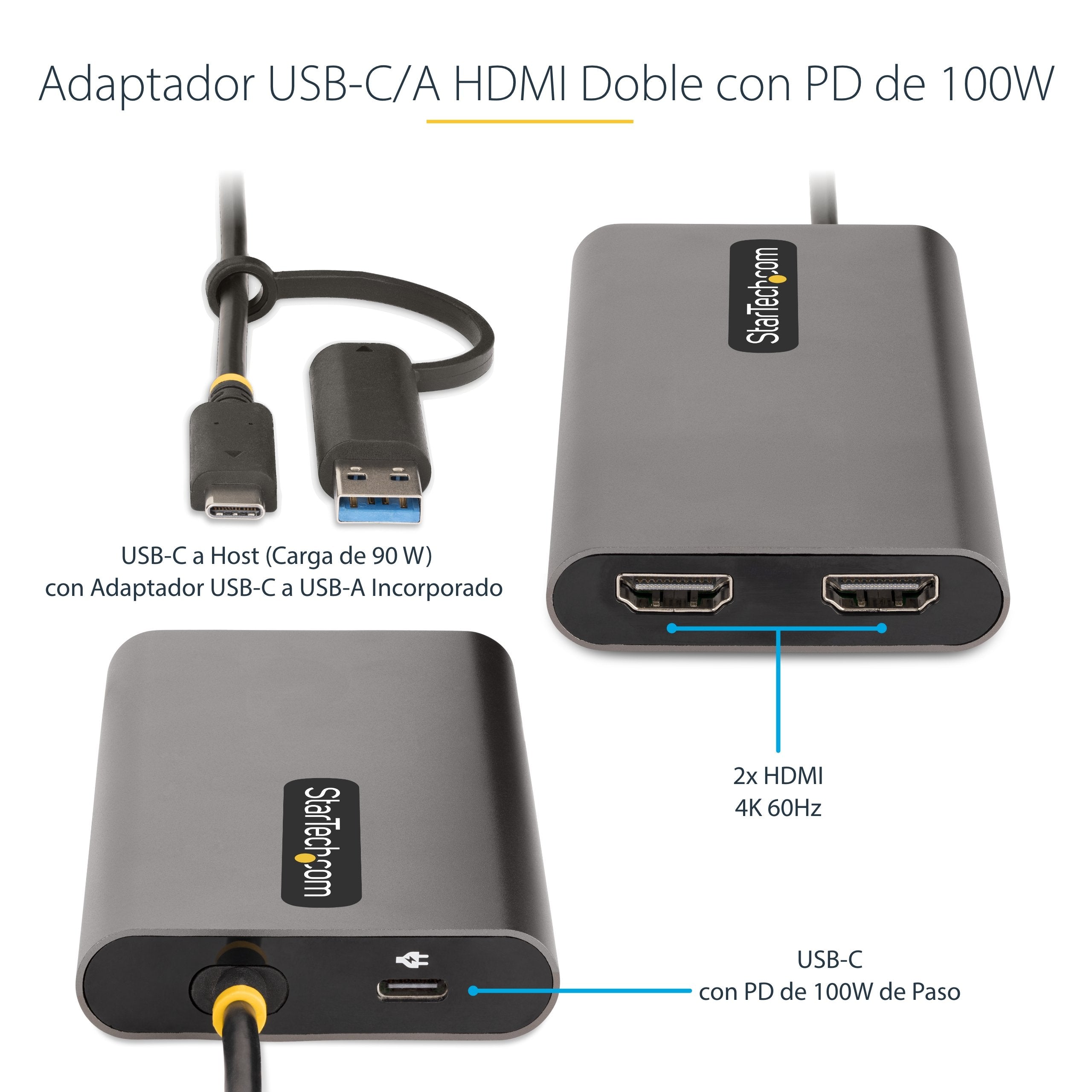 Startech Adaptador Usb-C A Hdmi Doble - Usb Tipo C A 2 Monitores Hdmi - 4k 60hz Pd De 100w 30cm