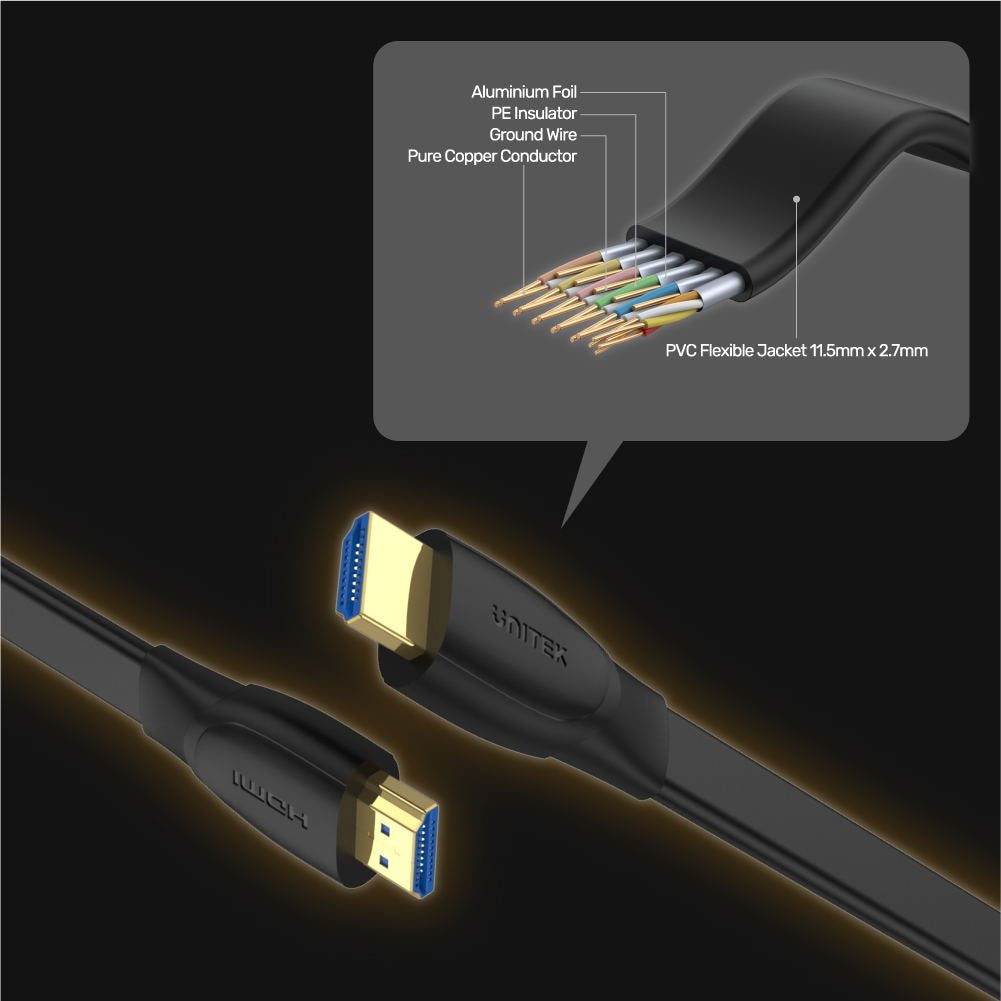 Cable Unitek Hdmi 2.0 4k60hz, Plano, 2m, C11063bk-2m