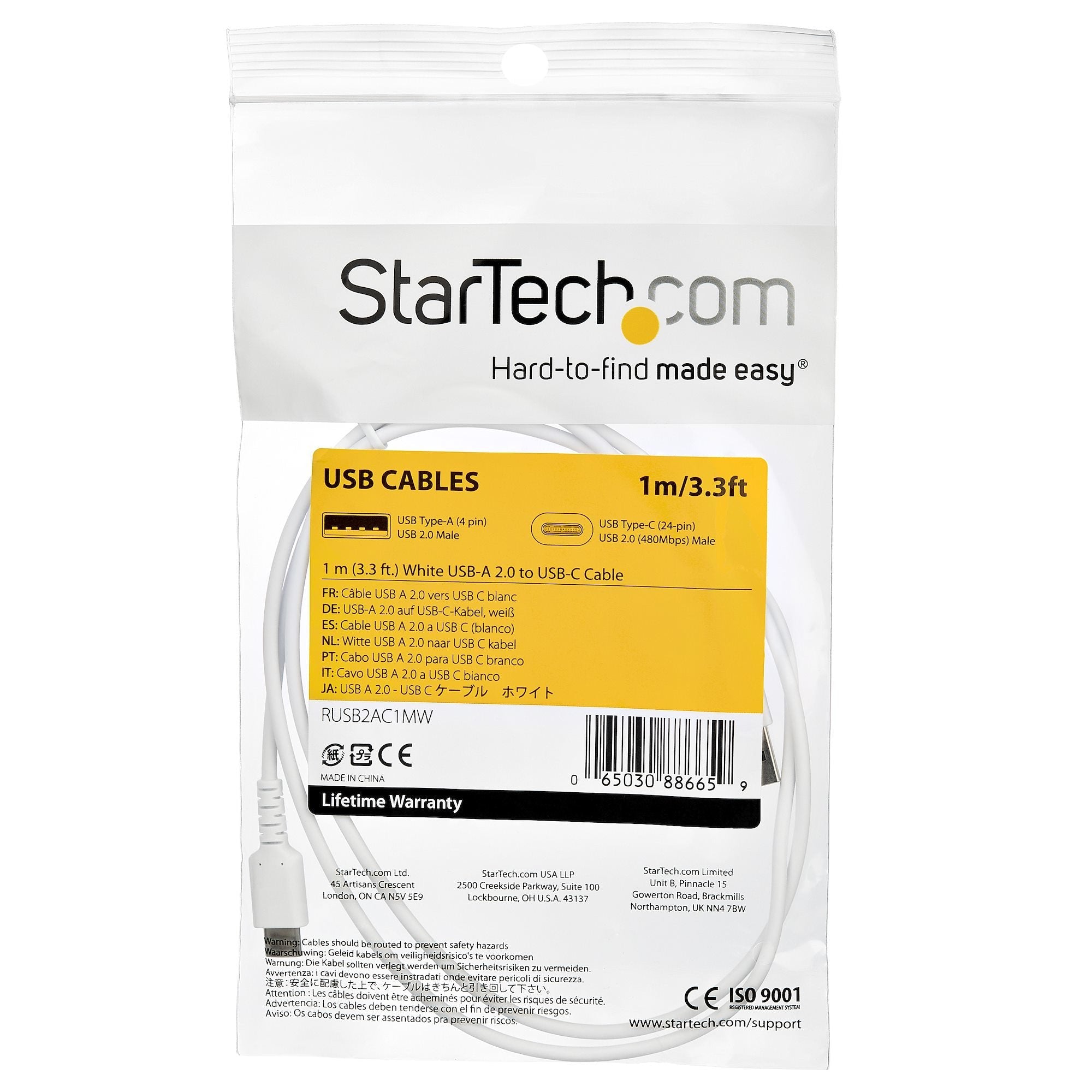 Startech.Com Cable De 1m Usb 2.0 A Usb-C - Blanco, 1 M, Usb A, Usb C, 2.0, 480 Mbit/S, Blanco