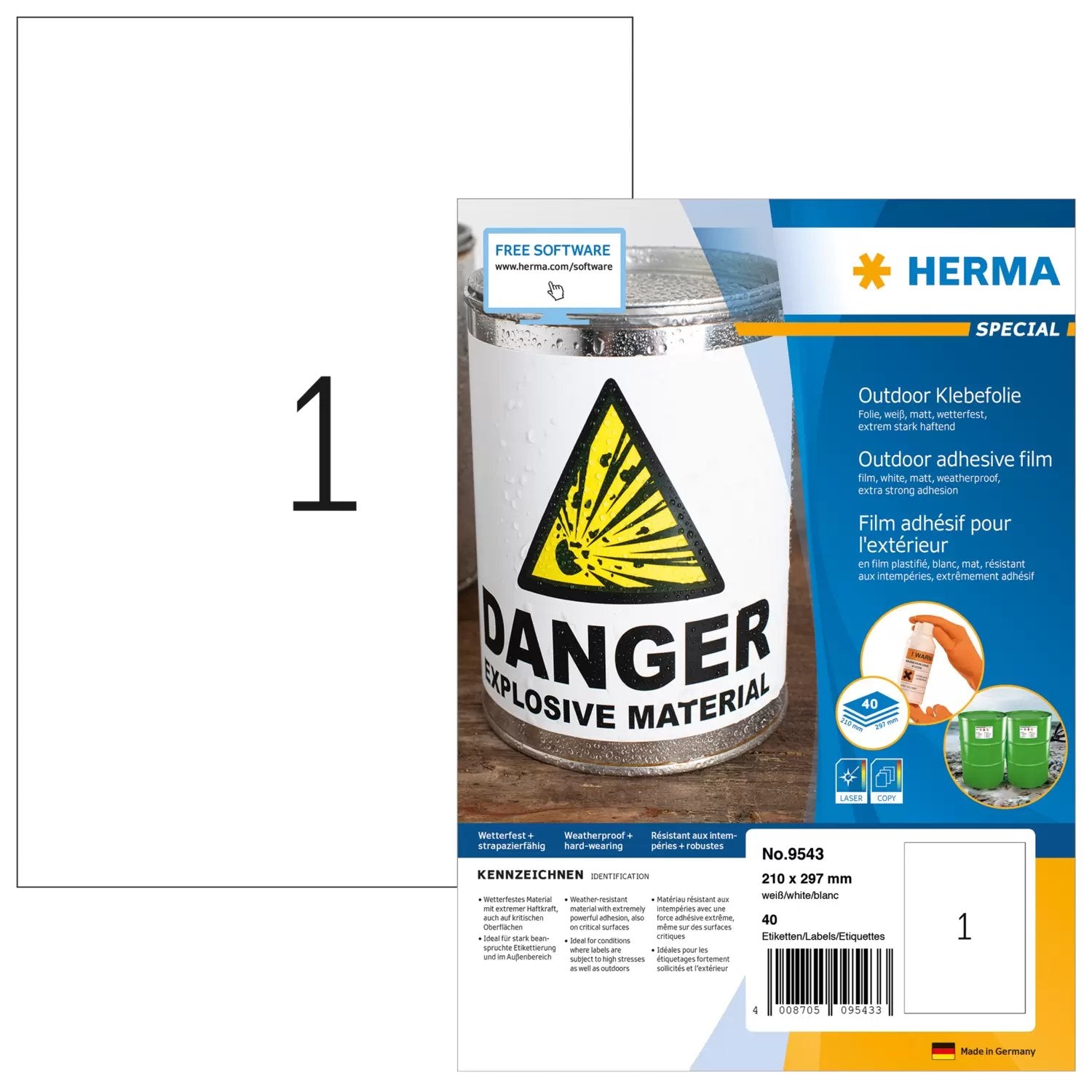 EAN 4008705095433 - HERMA 9543 etiqueta autoadhesiva Rectángulo Blanco 40 pieza(s) imagen 1