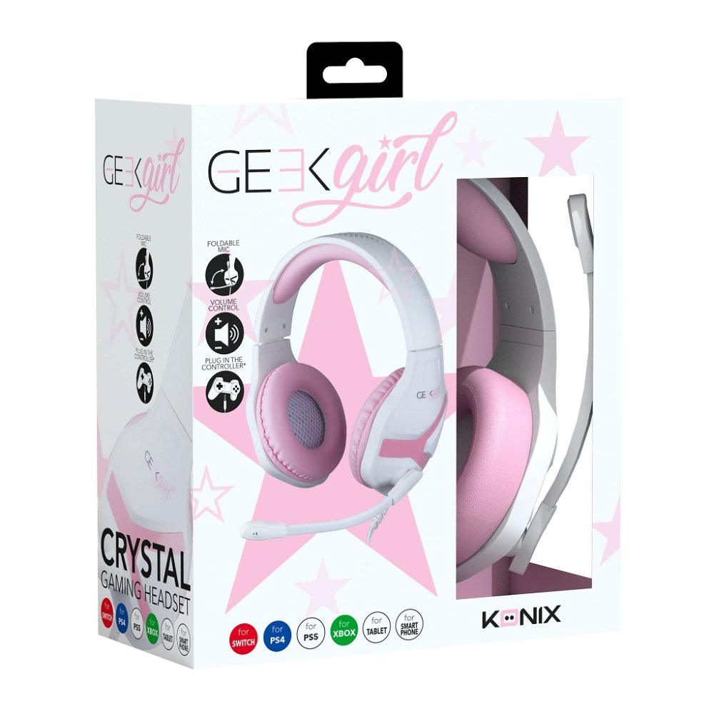 Auriculares Gaming Con Micrófono Konix Geek Girl Crystal   Jack 3.5  Blancos Y Rosas