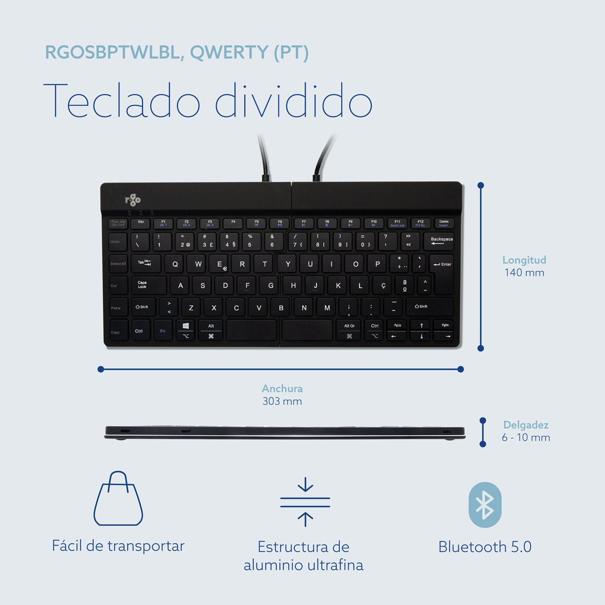 R-Go Split Break Keyboard,  Qwerty (Pt), Bluetooth, Black