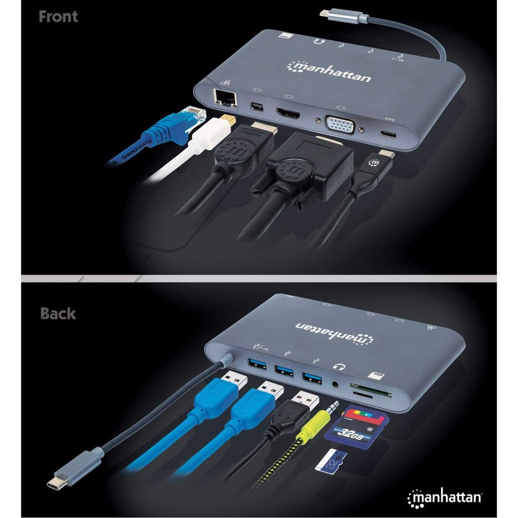 Manhattan Estación Docking Usb-C 7 En 1 Usb 3.1 Tipo-C Macho A Hdmi, Mini Dp O Vga, 3 Usb 3.0 Tipo-A,1 Usb-C Pd, Gigabit Rj45, Lector Tarjetas Sd Y Audio De 3.5 Mm, Aluminio, Gris