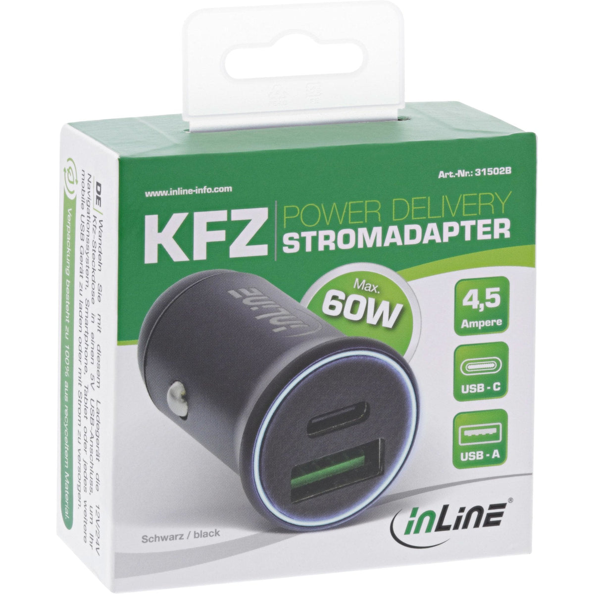 Cargador De Coche Usb Inline, Usb-A + Usb Tipo C, Negro