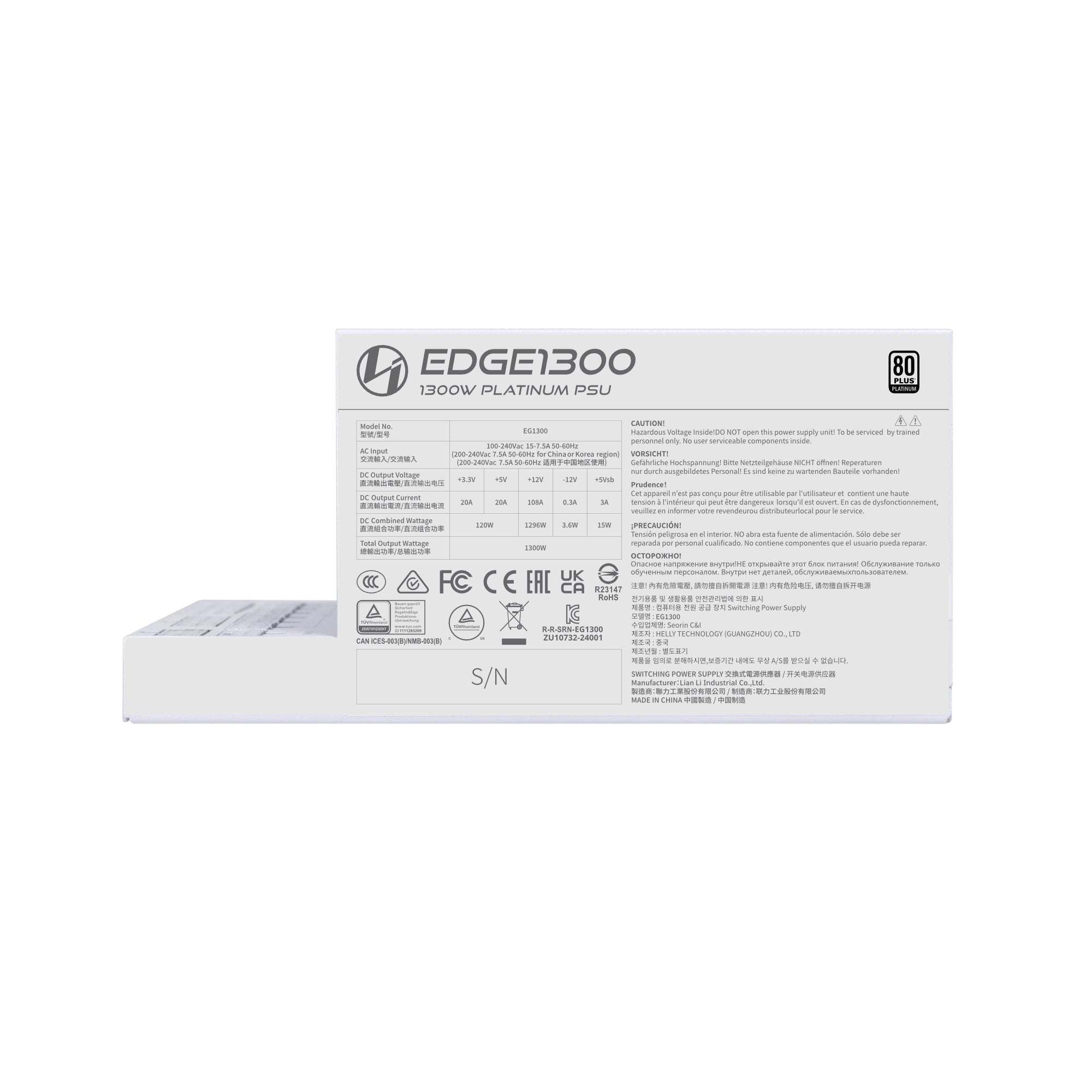 EAN 4718466015464 - Lian Li EG1300 unidad de fuente de alimentación 1300 W 20-pin ATX SFX Blanco imagen 4