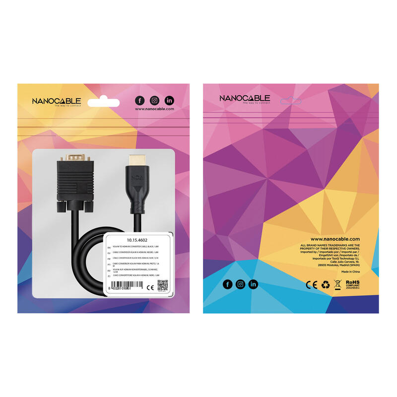 Cable Conversor Vga/M A Hdmi/M, Negro, 1,8m