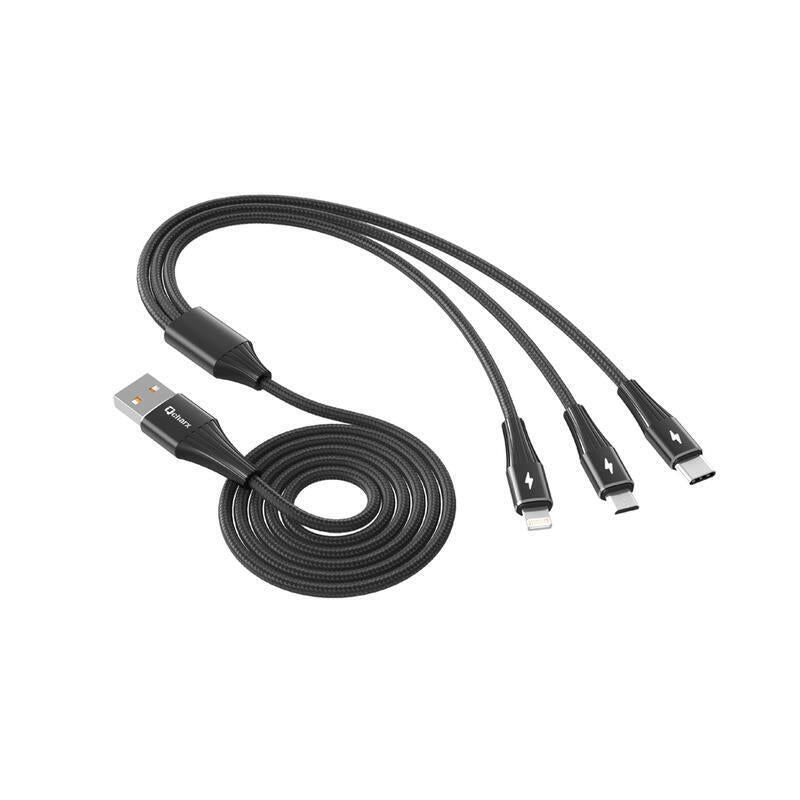 Cable Triple Qcharx Napoli Usb A Lightning + Tipo C + Micro 3a 1.2 M Aleación De Aluminio Negro Cordon Suave