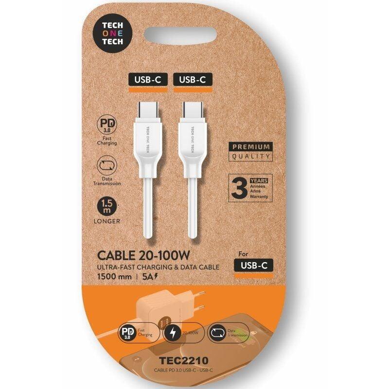 Cable Usb 2.0 Tipo-C Tech One Tech Tec2210 Usb Tipo-C Macho Usb Tipo-C Macho Hasta 100w 480mbps 1.5m Blanco