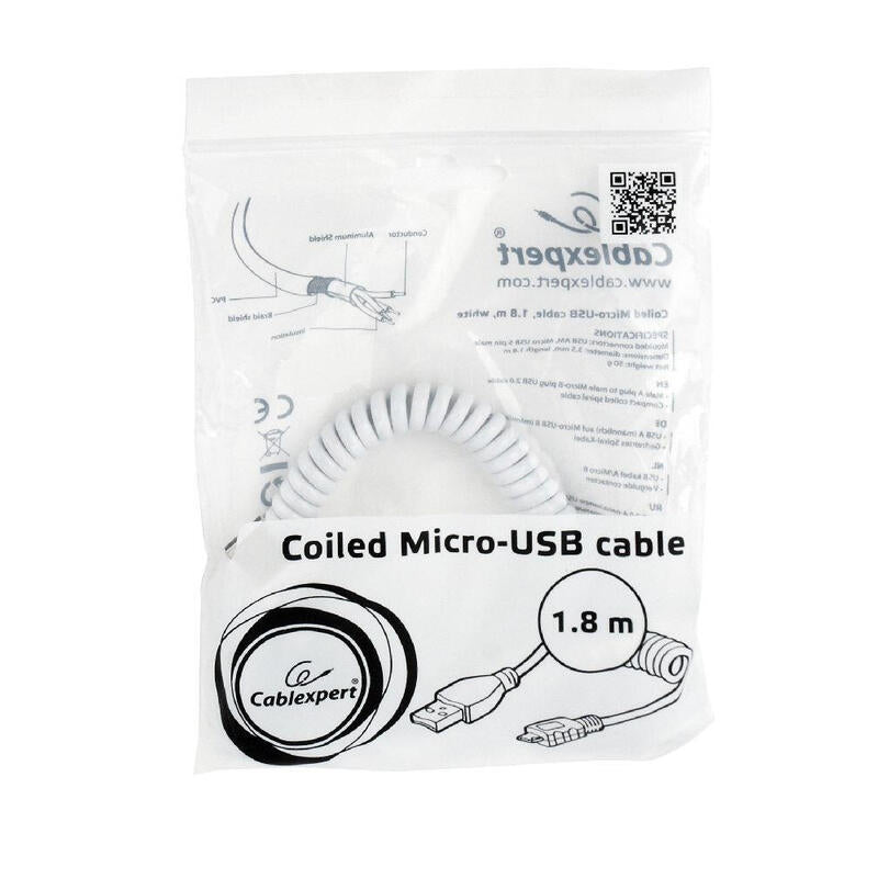 Cable Usb Espiral Carga Y Sincronización Micro Usb, 1,80 M, Blanco Cc-Musb2c-Ambm-6-W