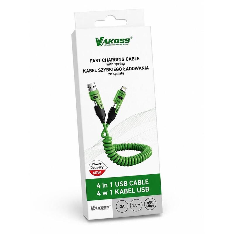 Cable Vakoss Mlu680g 4 En 1 De 1,5 M, 60 W, 3 A, Qc/Pd, Color Verde