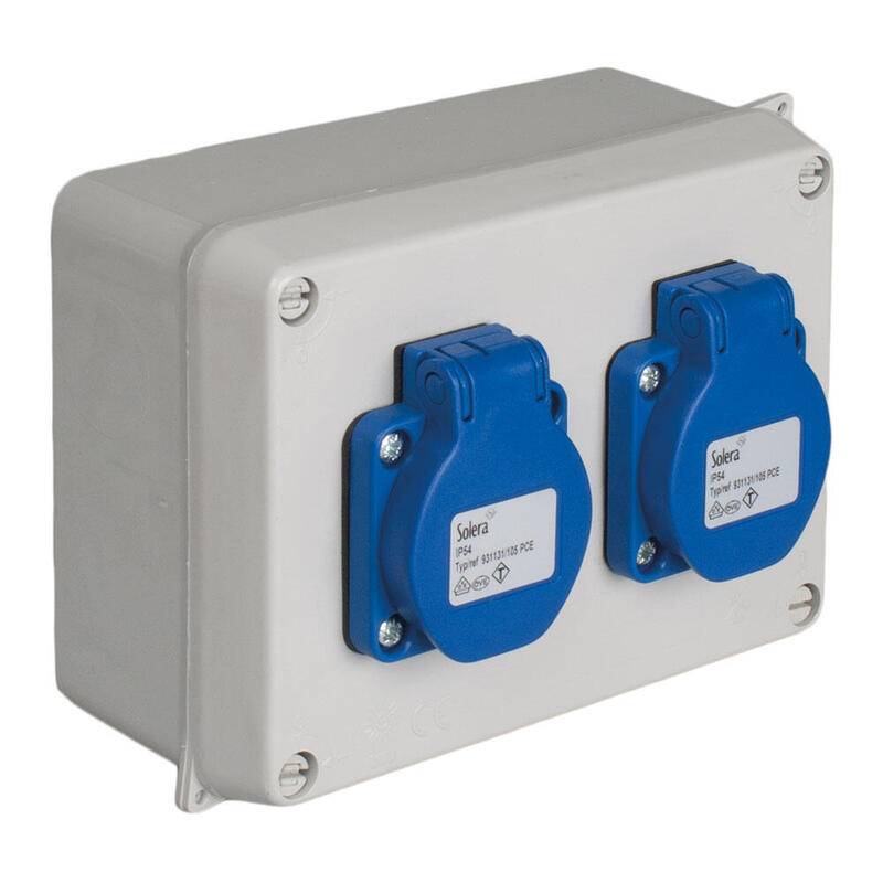 Caja Estanca Montada 153x100x65 Mm Con 2 Bases Schuko 2p+T, 16a, 250v~, Ip54. 816-5 Solera