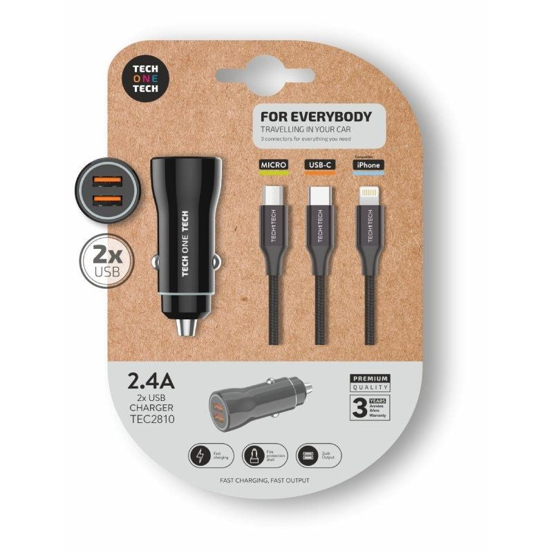 Cargador De Coche Tech One Tech Tec2810 2xusb + Cable 3 En 1 2.4a