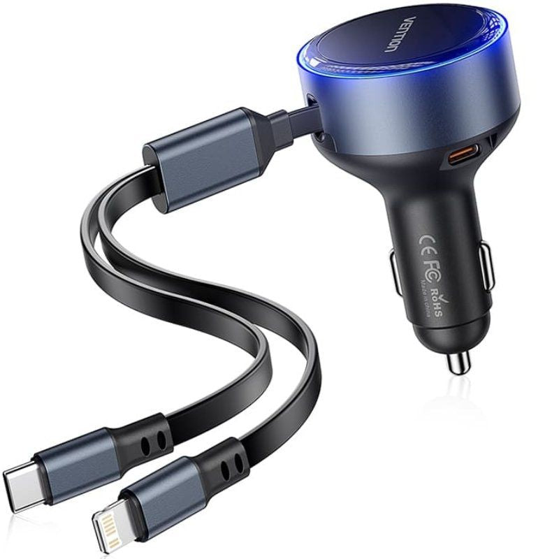 Cargador De Coche Vention Ffob0 1xusb Tipo-C Macho 1xusb Tipo-C Hembra 1xlightning Macho 30w