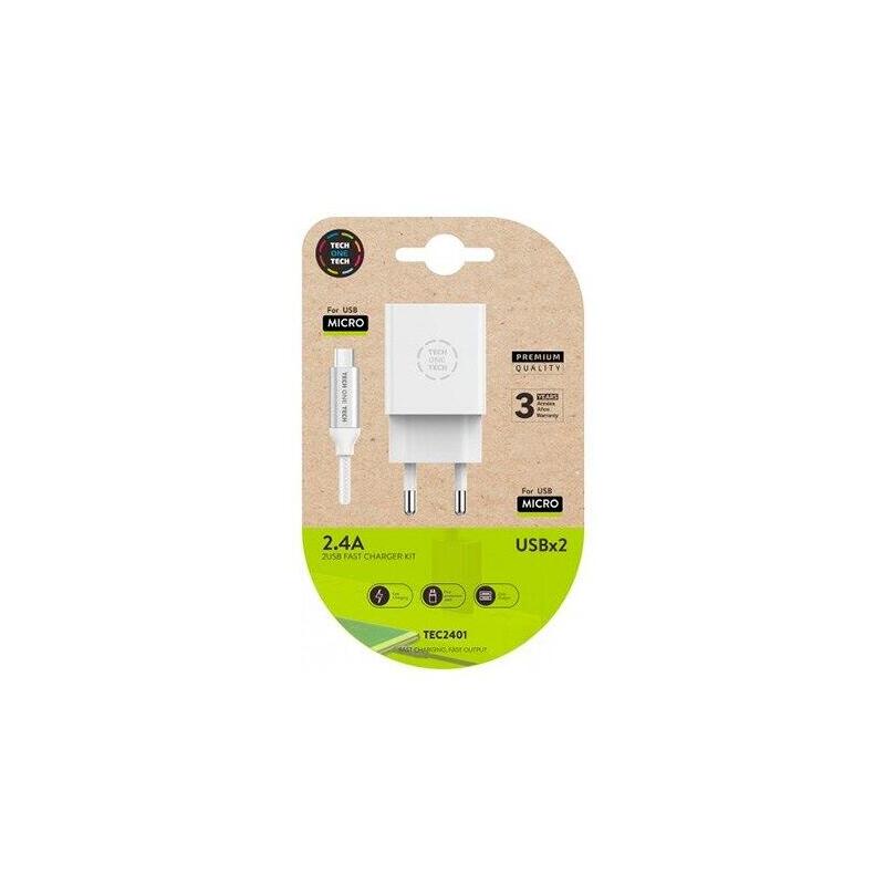 Cargador De Pared Tech One Tech Tec2401 2xusb + Cable Micro Usb 2.4a Blanco