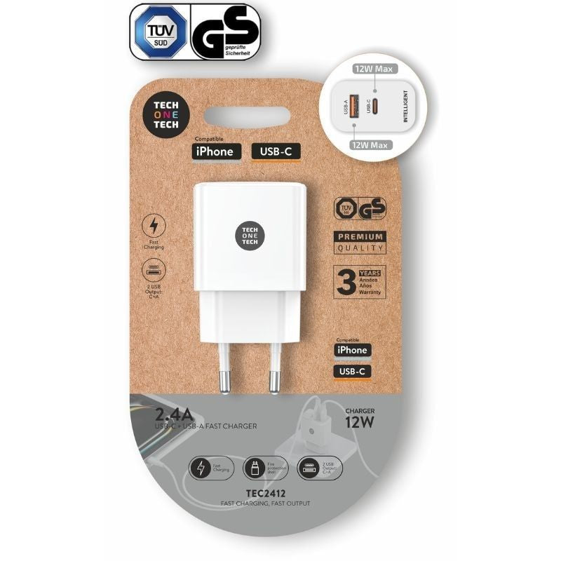 Cargador De Pared Tech One Tech Tec2412 1xusb Tipo-C 1xusb 12w Blanco