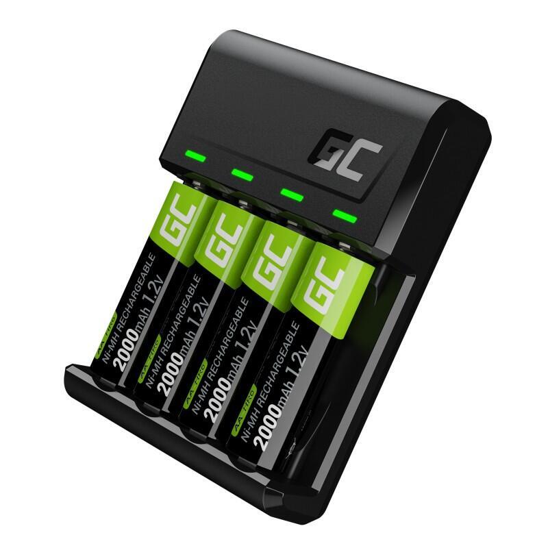 Cargador De Pilas Green Cell Vitalcharger + 4 Pilas Aa 2000mah Para Baterías Ni-Mh Aaa R6 R03. Micro Usb Y Usb-C. Sistema De Carga De 4 Canales: Carga De 1 A 4 Pilas Aa O Aaa