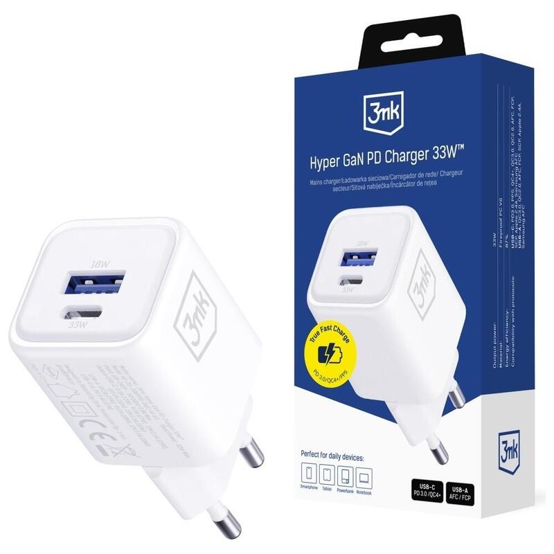 Cargador De Red Hyper Charger Pd 33w Gan Qc4+ Pps Afc Fcp Scp Usb-A Usb-C Blanca