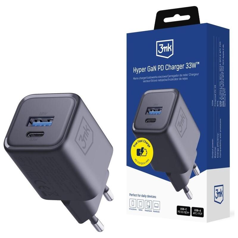 Cargador De Red Hyper Charger Pd 33w Gan Qc4+ Pps Afc Fcp Scp Usb-A Usb-C Negra