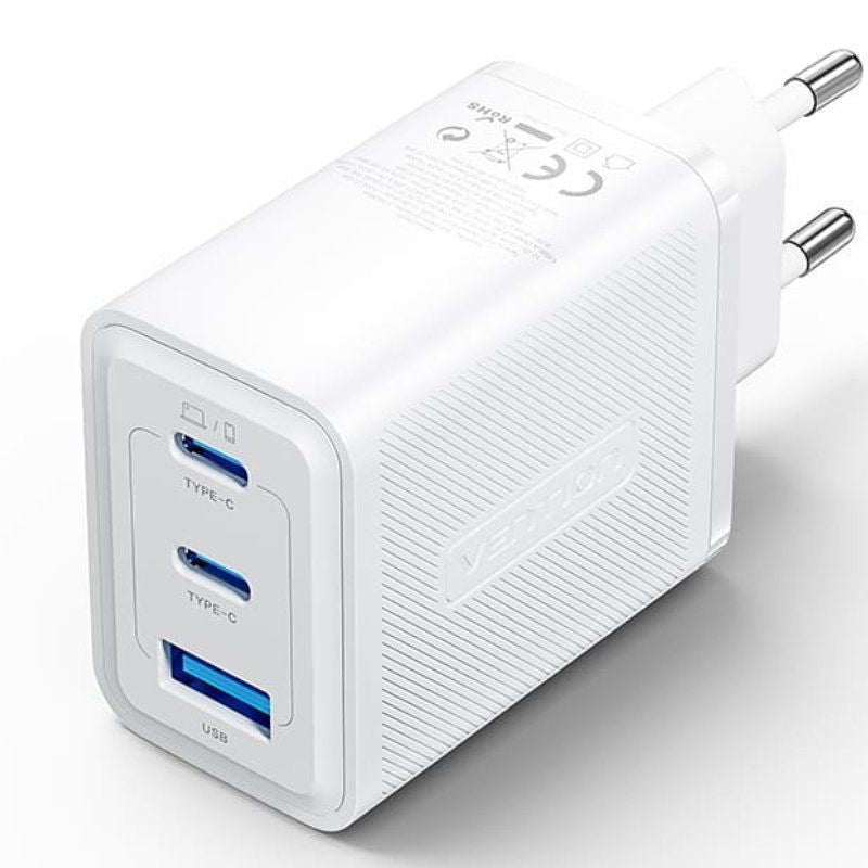 Cargador Gan De Pared Vention Ferw0-Eu 2xusb Tipo-C 1xusb 65w