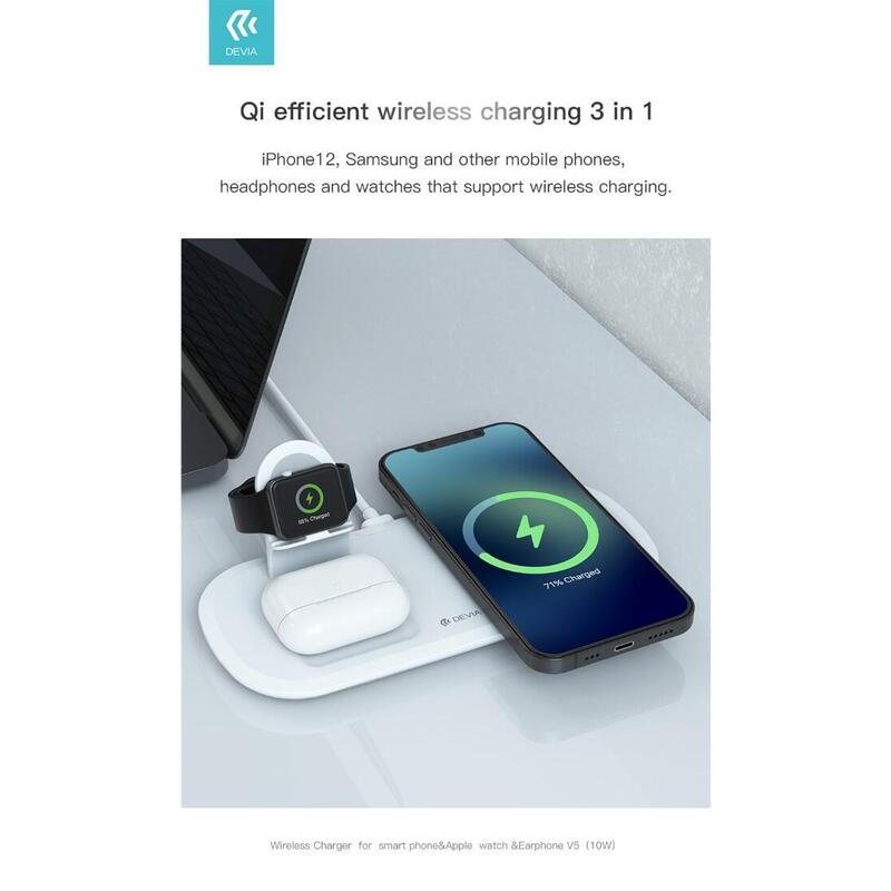 Cargador Inalambrico Devia Qi 3 En 1 15w Iphone + Watch + Airpods White