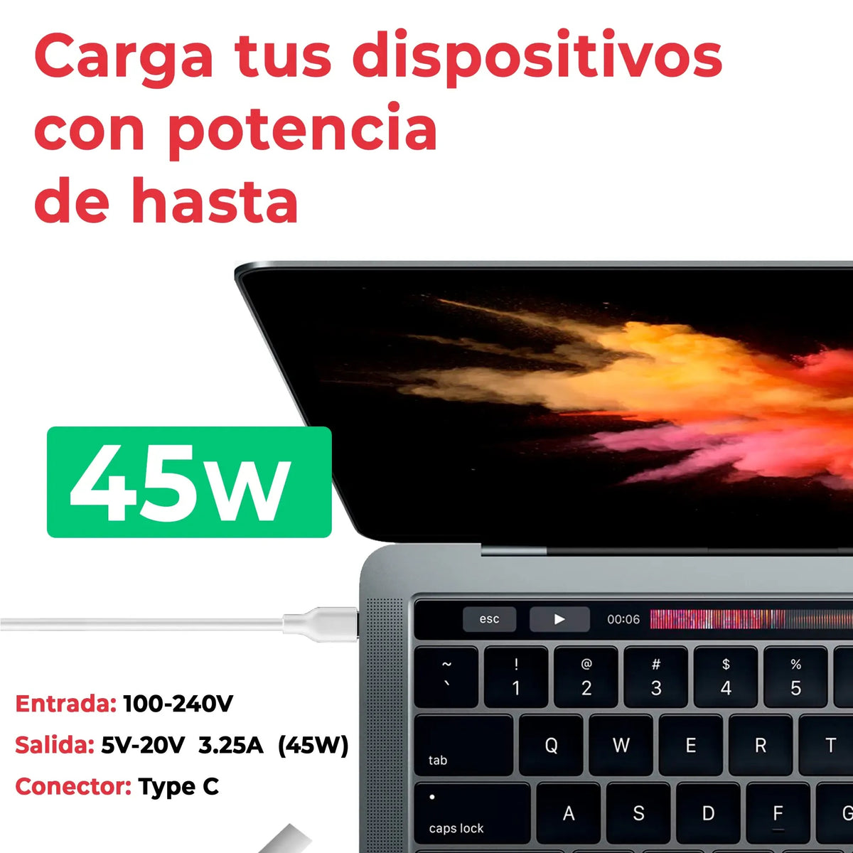Cargador Multivoltaje Usb-C Para Portátil 5V-20V 2.25A 45W Blanco