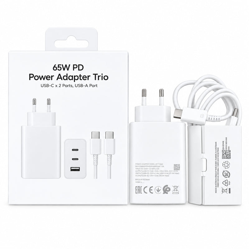 Cargador Rápido 65w Pd 3 Puertos - 2 Usb-C + 1 Usb-A - Con Cable Usb-C - Blanco