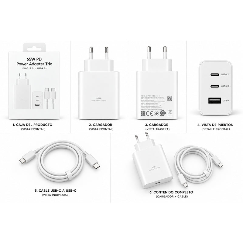 Cargador Rápido 65w Pd 3 Puertos - 2 Usb-C + 1 Usb-A - Con Cable Usb-C - Blanco