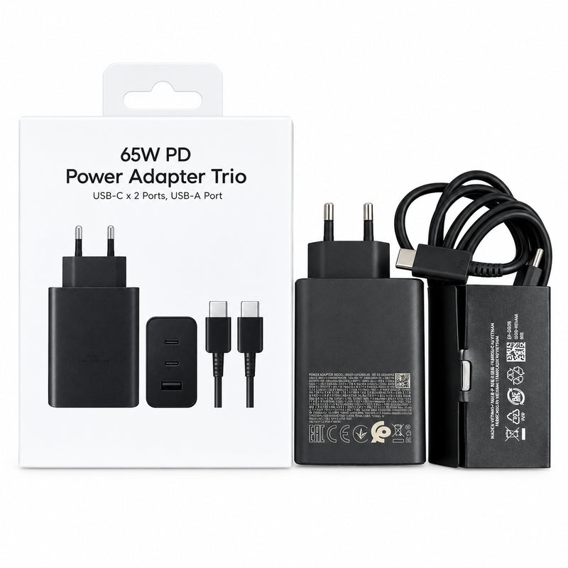 Cargador Rápido 65w Pd 3 Puertos - 2 Usb-C + 1 Usb-A - Con Cable Usb-C - Negro