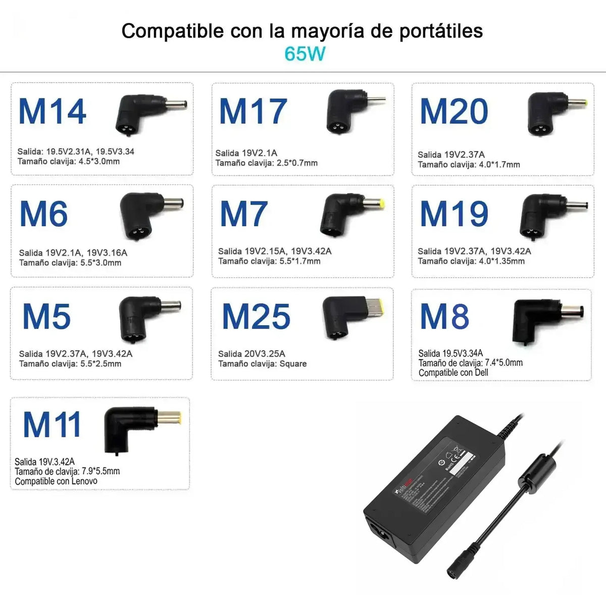 Cargador Universal Ultra Portable 15-20V 65W 10Tips
