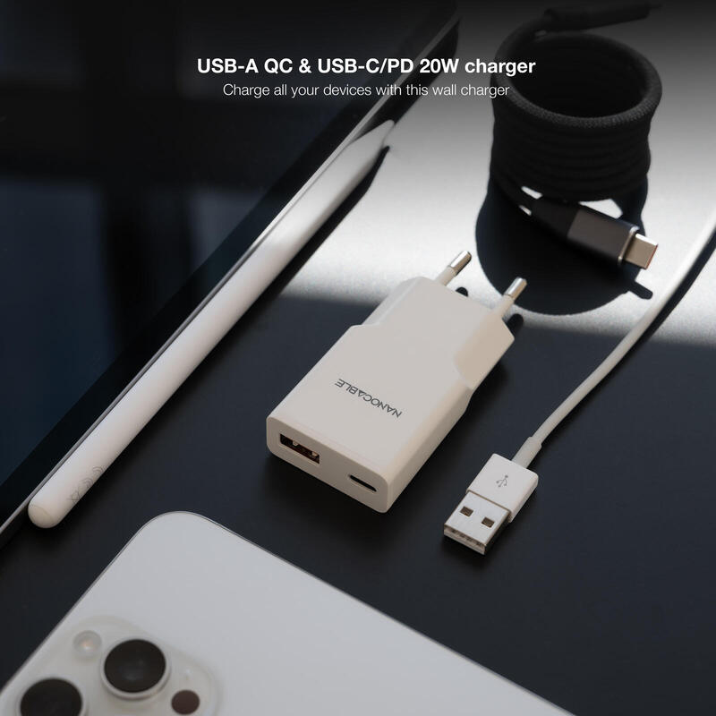 Cargador Usb-C/Pd + Usb-A/Qc 20w, Blanco