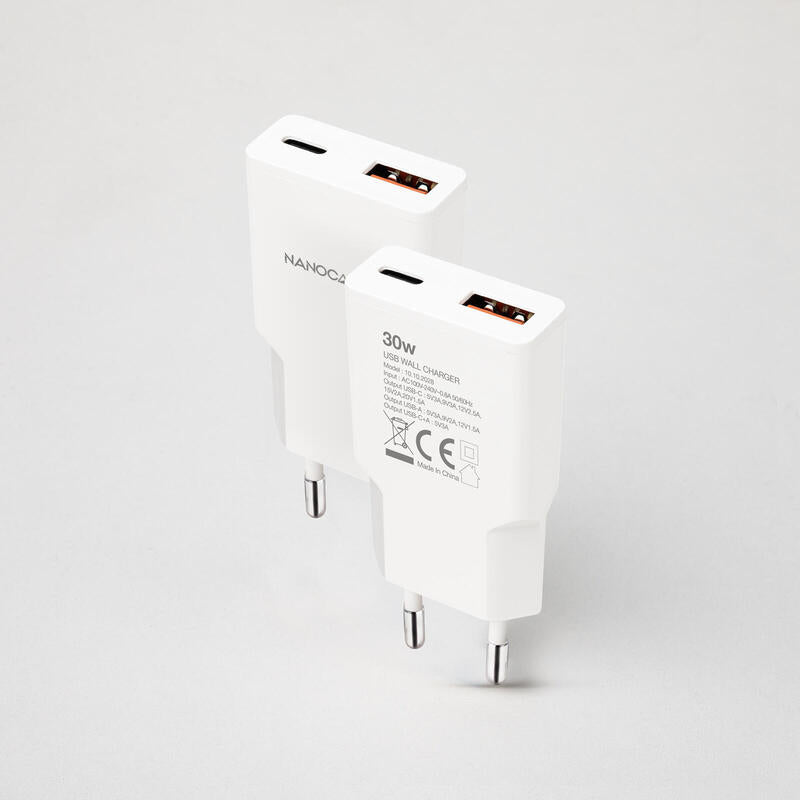 Cargador Usb-C/Pd + Usb-A/Qc 30w, Blanco