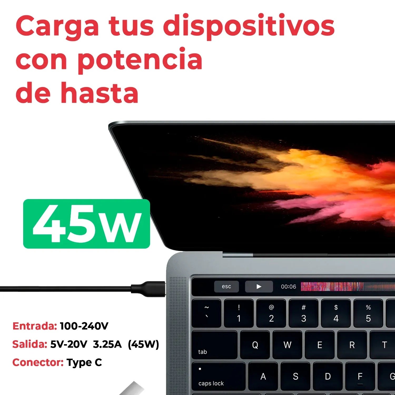 Cargador Usb Tipo C Usb-C 45W 5V-2A, 9V-2A, 12V-2A, 14.5V-2A, 15V-3A, 20V-2.25A