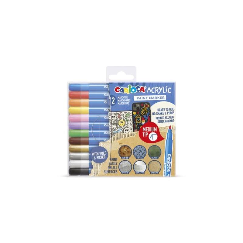Carioca Acrylic Pack De 12 Marcadores De Pintura Acrilica - Punta Media - Tinta A Base De Agua - Alta Cobertura -