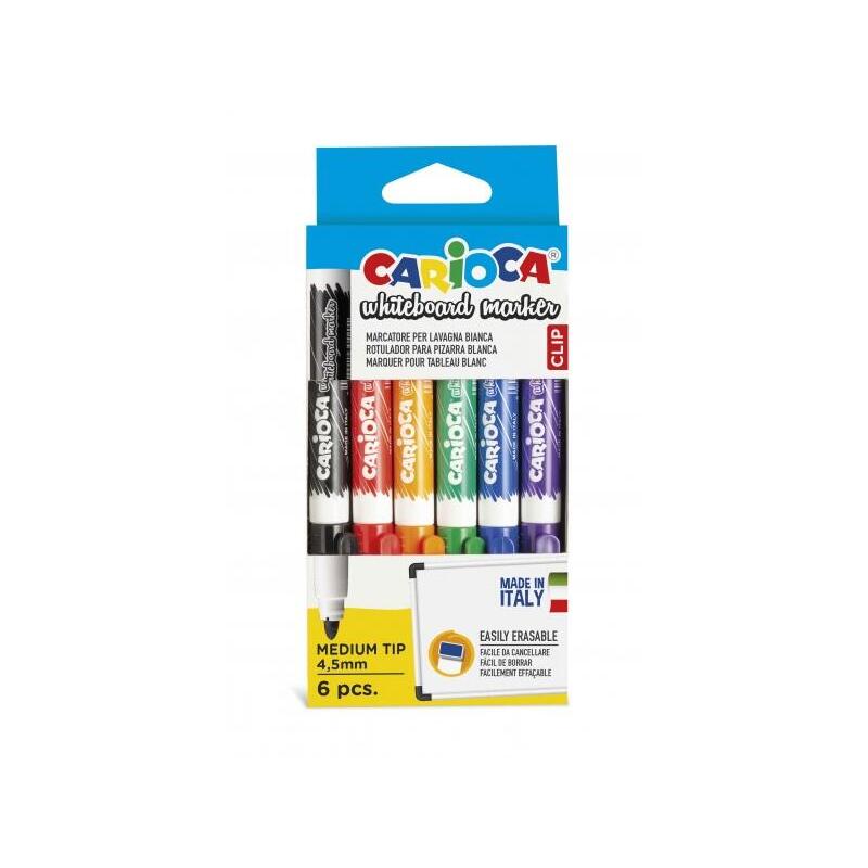 Carioca Pack De 6 Rotuladores Para Pizarra Blanca Clip - Tapa Con Clip - Se Borra Facilmente Y Se Seca Rapidamente -