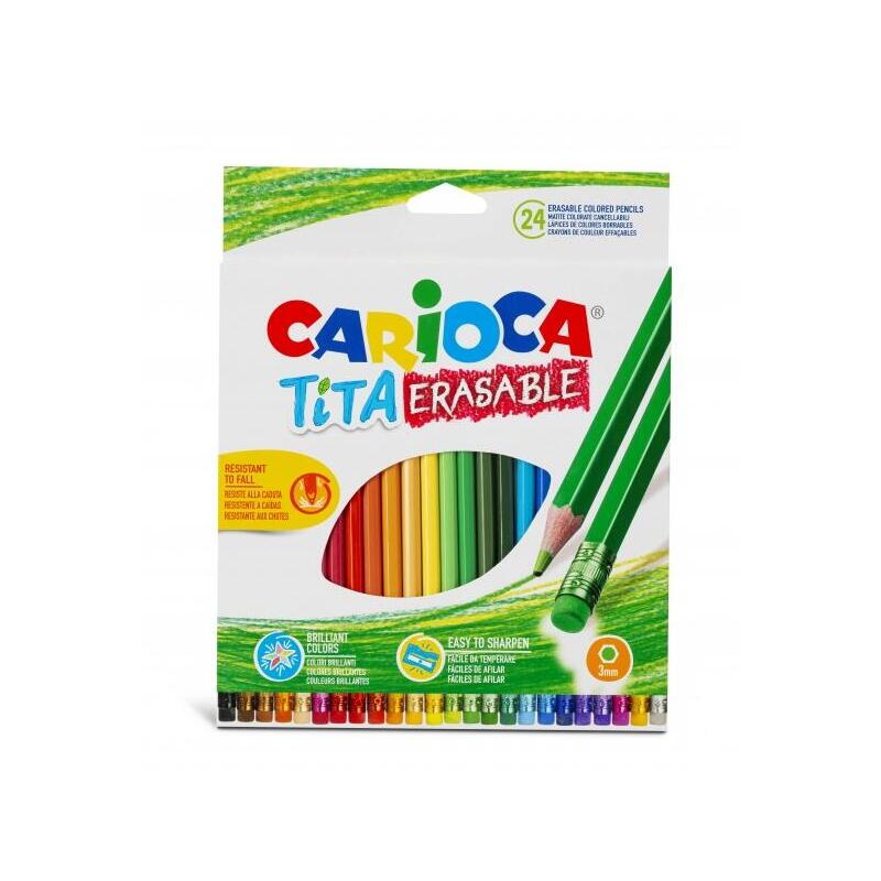 Carioca Tita Pack De 24 Lapices Borrables De Resina - Cuerpo Hexagonal - Colores Brillantes Y Lavables - Escritura