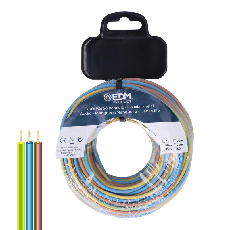 Carrete Cablecillo Trenzado H07z1-K 3 G 1,5 Mm² 20 M 3 Colores