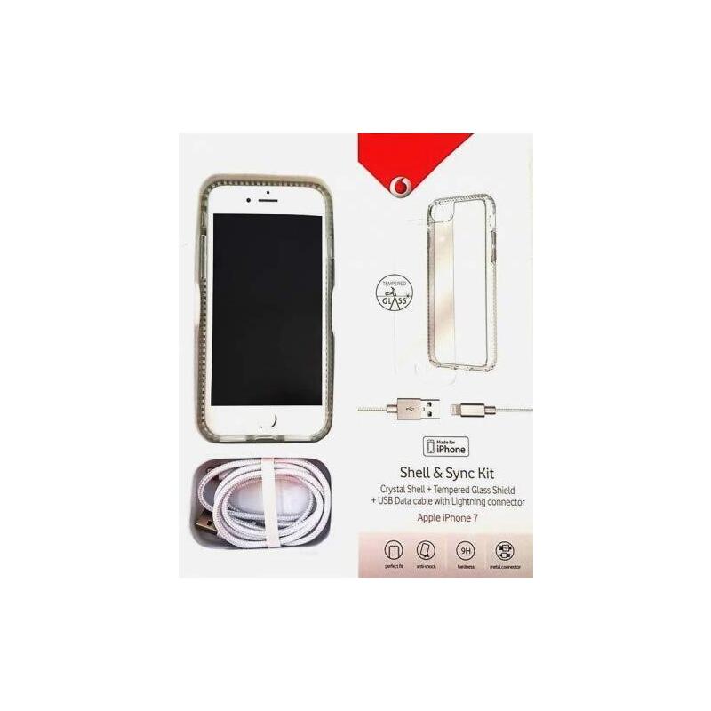 Case Vodafone Iphone 7 Kit Crystal Shell Trasparent + Tempered Glass + Data Cable Lightning