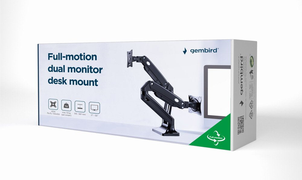 Soporte De  Escritorio Gembird Ma-Da2-03 Con Brazo De Montaje Para 2 Pantallas, 17-35, Hasta 10 Kg