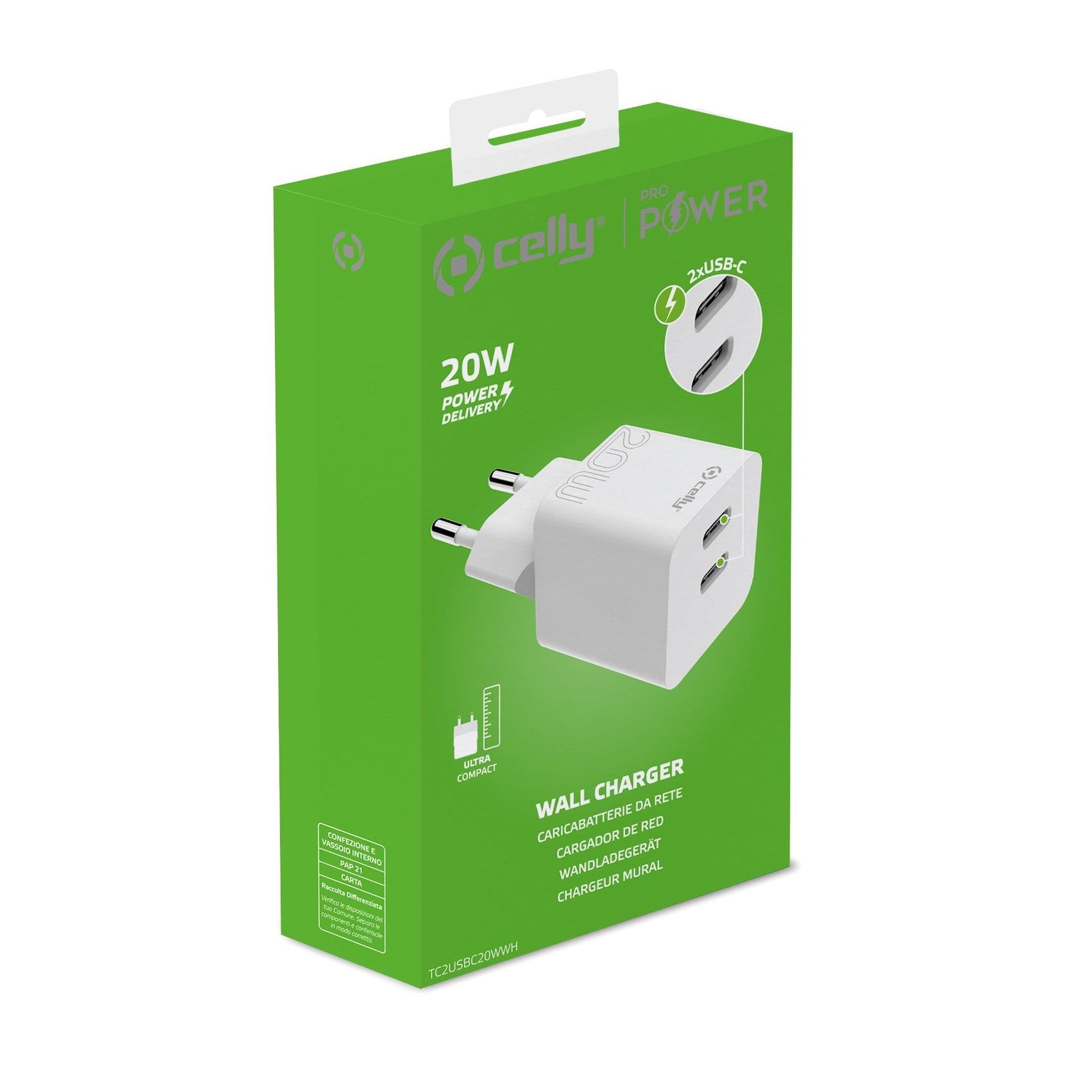 Celly Tc2usbc20wwh Cargador Pared 2 Usbc 20w Blanco