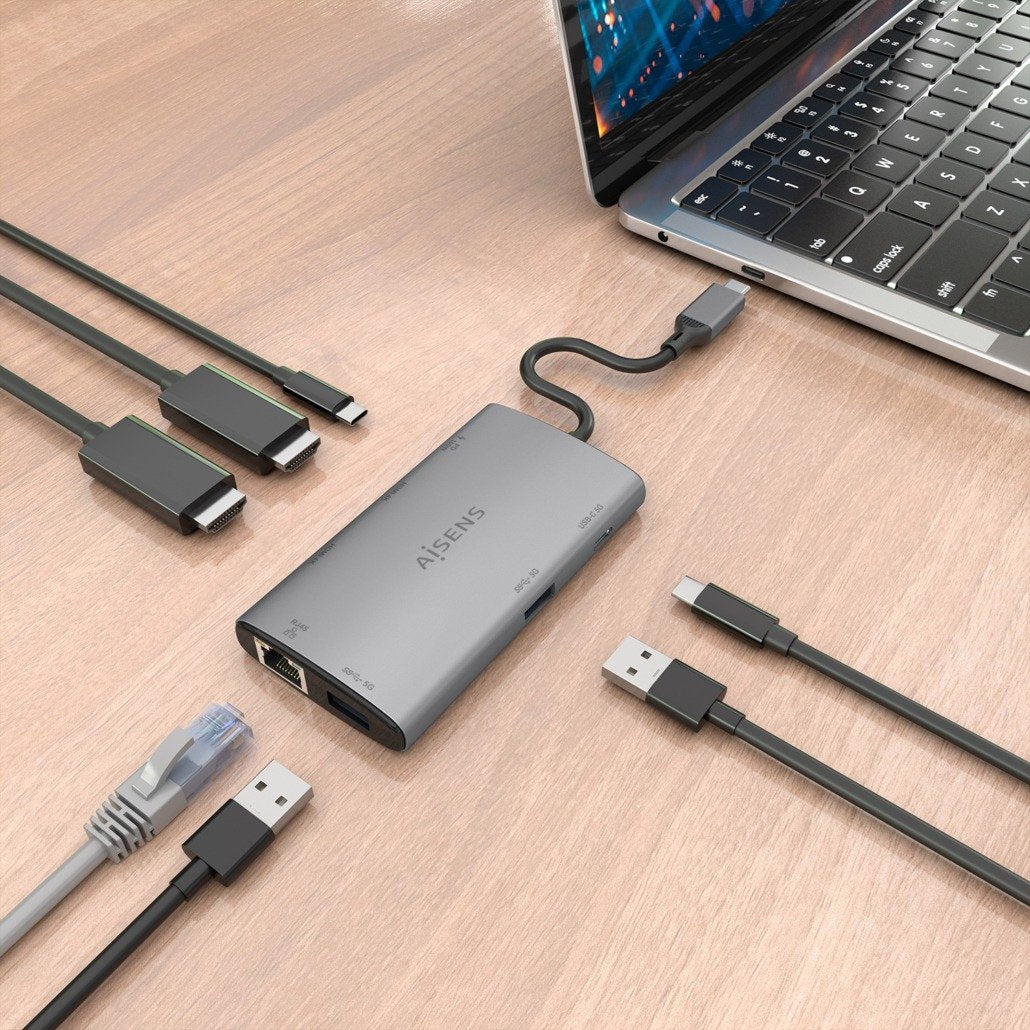 Aisens Usb-C Dock 7 En 1, Usb-C A 2xhdmi 4k, 1xrj45, 2xusb-A Usb3.0, 1xusb-C, 1xusb-C Pd100w, Gris, 20cm