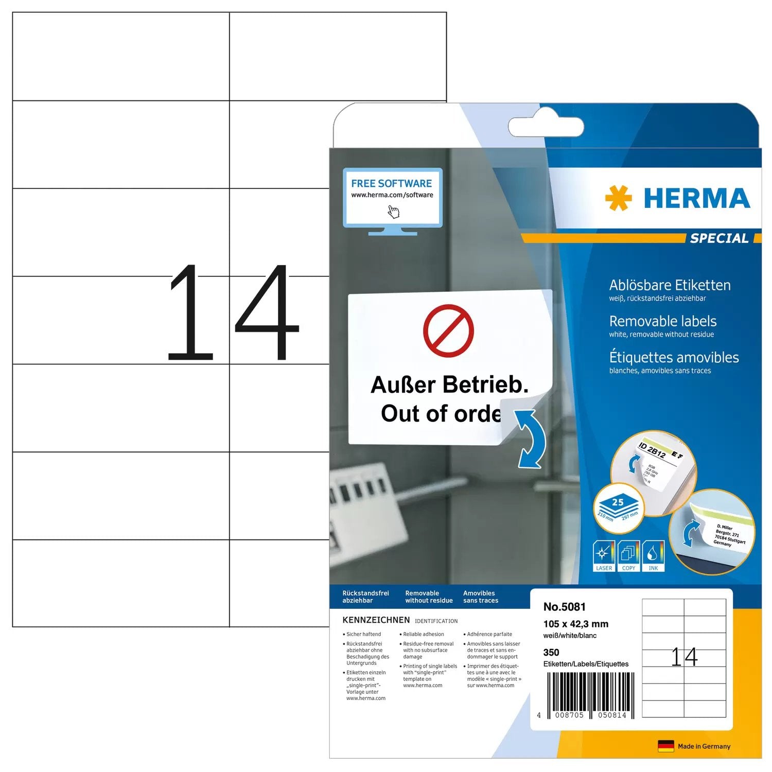 Herma Etiketten A4 Blanco 105x42,3 Mm Ablösbar Papier 350 M.