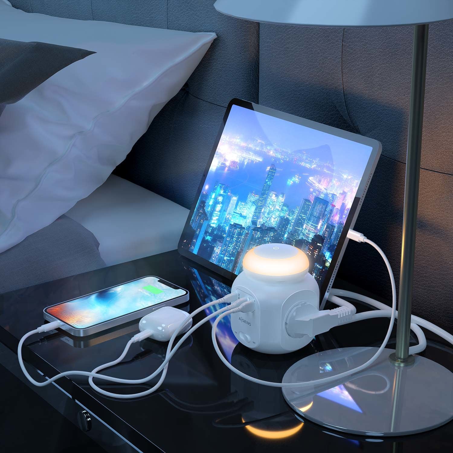 Aisens Regleta Sobremesa Multifuncion 4 Tomas + 1xusb-C 20w Pd3.0, 2xusb-A 18w Qc3.0, Luz Nocturna, 1.80m, Blanco